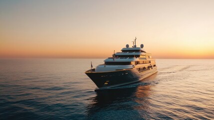 Luxury Yacht Sailing Smoothly Across Tranquil Ocean at Sunset