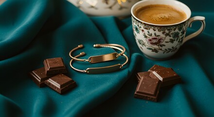 Coffee and chocolate with gold bracelet perfect for romantic setting and cozy celebrations featuring luxury style and sophisticated details for gifting occasion