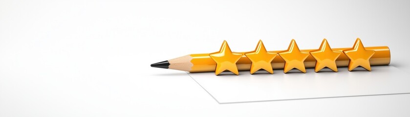 Fototapeta premium A yellow pencil rests next to five gold stars on a blank sheet, symbolizing quality or ratings in a minimalist setting.