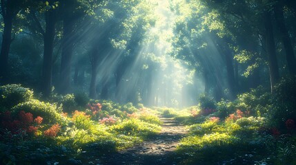 Obraz premium A peaceful forest trail framed by tall, majestic trees, creating a calm and inviting atmosphere. generative ai