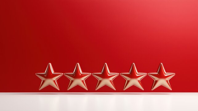 Five shiny gold stars are aligned against a vibrant red background, symbolizing high ratings or exceptional quality.