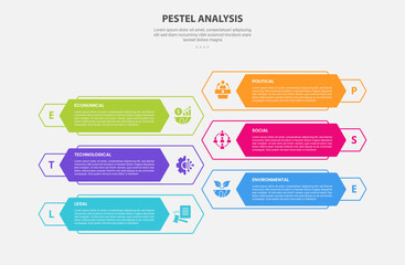 Fototapeta premium PESTEL analysis infographic outline style with 6 point template with long hexagon shape opposite direction for slide presentation