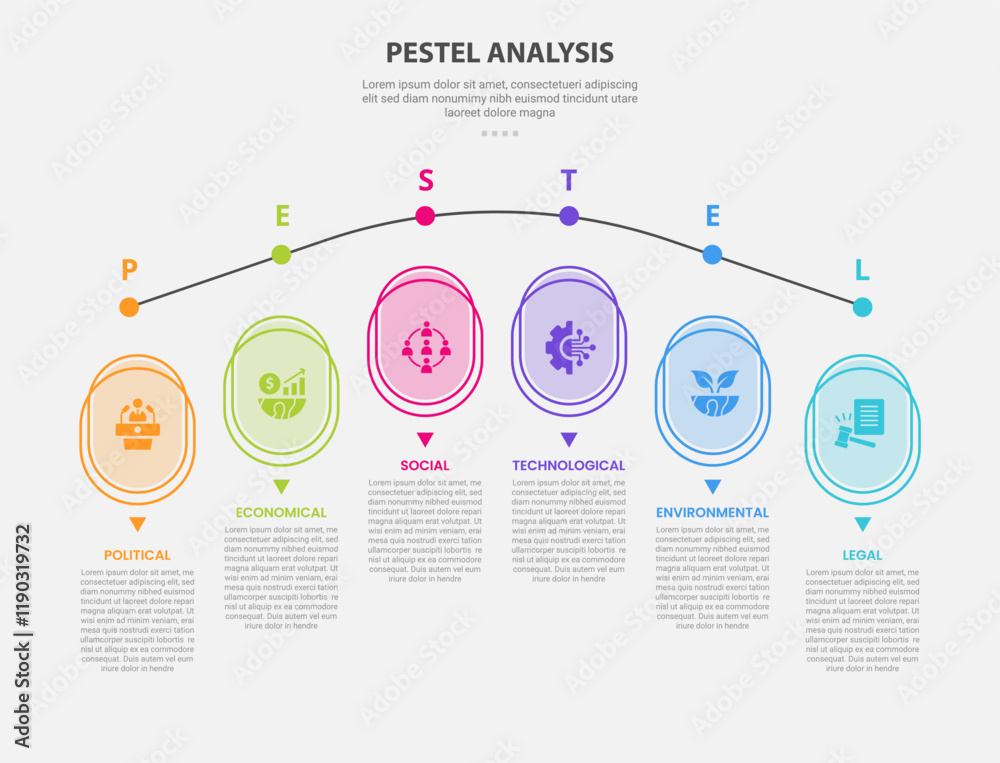 Sticker pestel analysis infographic outline style with 6 point template with round rectangle vertical on rou