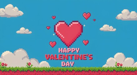 Pixel art heart with blue sky and clouds for creative Valentine card design featuring retro gaming inspired romantic love theme