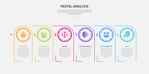 PESTEL analysis infographic outline style with 6 point template with creative connected table with circle header for slide presentation
