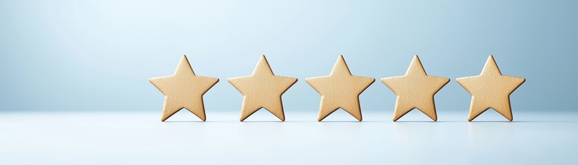 A minimalist image featuring five wooden stars arranged in a row against a soft blue background.