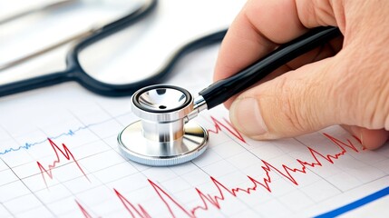 A hand using a stethoscope on a graph displaying heart rate data.