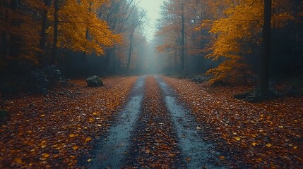 A wide trail winding through a forest in autumn, framed by bright foliage and warm seasonal colors. generative ai