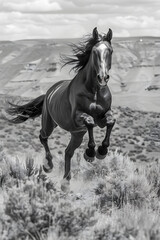 Fototapeta premium Aerial Symphonie: A Majestic Horse Captured in Full Leap against a Verdant Landscape