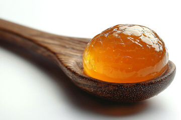 Amber sphere of jelly on a dark wooden spoon.