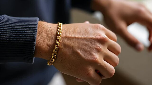 Man wearing golden bracelets and black onyx beads bracelet