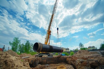Chimney pipe construction, the crane lifts the pipe segment. Timelapse