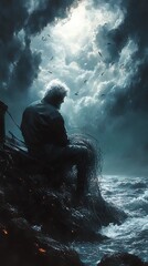 Obraz premium Solitary Fisherman at Sunset Dramatic Ocean Scene