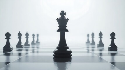 Black chess king piece standing in front of white pawns