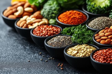 Selection of healthy superfoods, a mix of nuts, seeds, and fresh produce, styled beautifully on a textured gray concrete surface, highlighting vibrant colors and clean