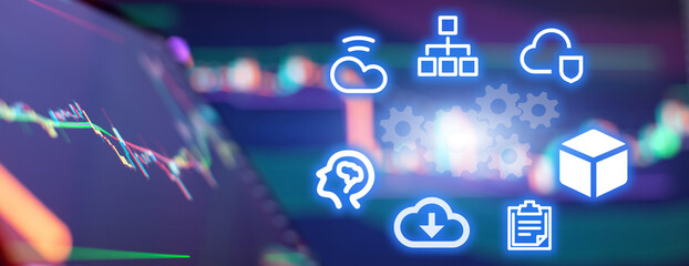 Abstract digital technology interface with financial stock charts and cloud computing, AI and network icons
