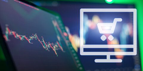 Abstract financial trading screen with stock market candlestick chart and e-commerce shopping cart symbols overlay