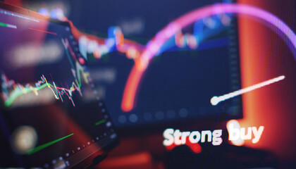 Dynamic Stock Market Analysis Interface with Candlestick Chart, Buy Signal, and Vibrant Trend Lines