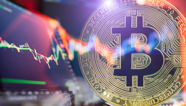 Cryptocurrency trading interface using Bitcoin, dollar bills and financial market data visualization