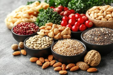 Selection of healthy superfoods, a mix of nuts, seeds, and fresh produce, styled beautifully on a textured gray concrete surface, highlighting vibrant colors and clean-1