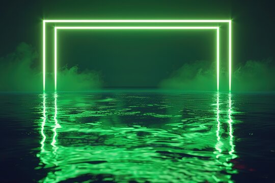 Glowing green neon rectangle with reflections in water surface. modern conceptual background, waves, ultraviolet, spectrum vibrant colors, laser show. 3d render design