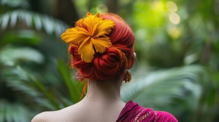 Naklejka premium Vibrant Red Hair with Yellow Flower in Tropical Green Background