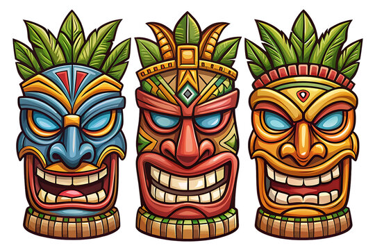 Three wooden faces with smiling mouths. On transparent background. Png file