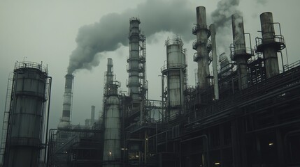 Obraz premium Industrial factory with smokestacks releasing dark smoke at dusk
