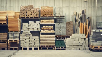 Organized Warehouse with Stacks of Lumber and Building Materials