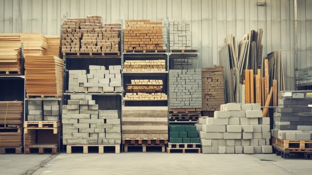 Organized Warehouse with Stacks of Lumber and Building Materials