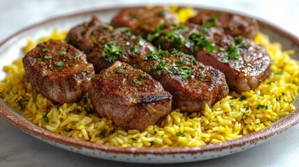 Seasoned Grilled Lamb Chops Served on a Bed of Golden Yellow Rice