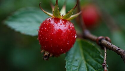 Obraz premium Close up of a single red berry with water droplets.
