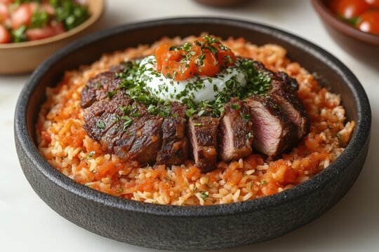 Seared Steak with Tomato Rice and Poached Egg, A Culinary Delight
