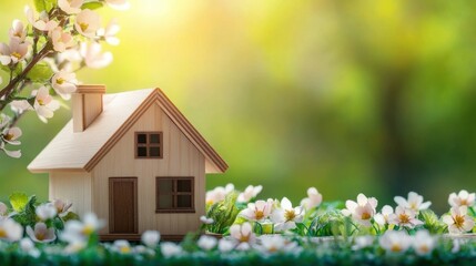 Wooden house mockup with spring flowers on green background, real estate concept. Space for text.