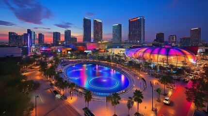 Illuminated Cityscape Featuring Modern Architecture and a Plaza