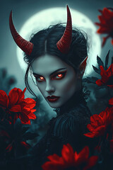 An elegant female demon with red eyes