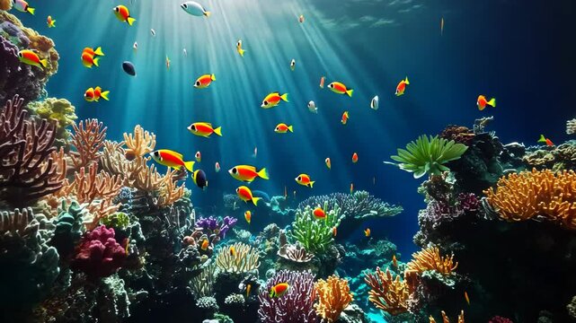 Vibrant marine life explores a colorful coral reef illuminated by sunlight underwater, 4k video from illuminator of submarine of colorful coral reef and schools of tropical fishes