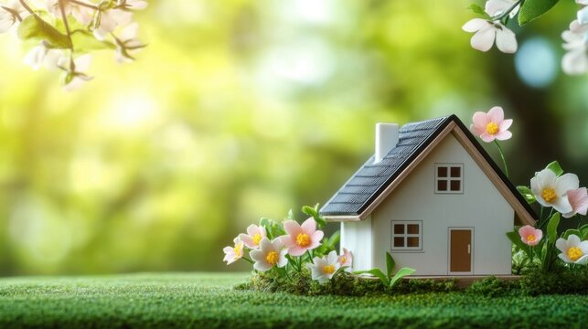 Wooden house mockup with spring flowers on green background, real estate concept. Space for text.