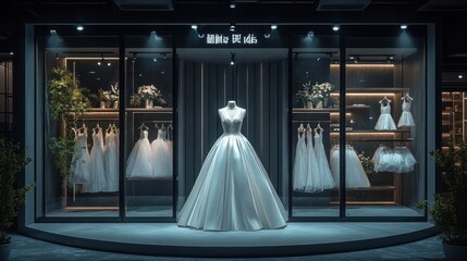 Elegant wedding dress showcased in a modern bridal shop at night.