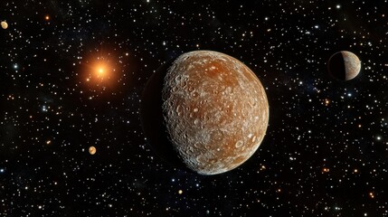 A large, cratered planet orbits a distant star, accompanied by a smaller, half-lit moon in a dark, starry expanse of space.