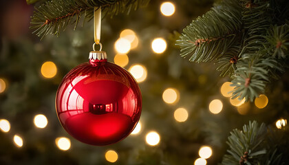 Red and Gold Christmas Ornament Hangs on a Lit Tree