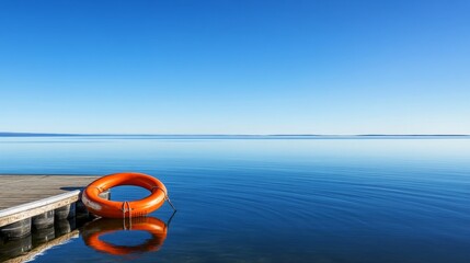 A serene lakeside scene featuring a lifebuoy beside calm water under a clear blue sky.