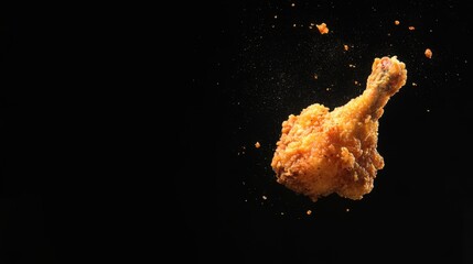Crispy fried chicken leg with splashing oil drops against black background creating dynamic food action with area for copy space