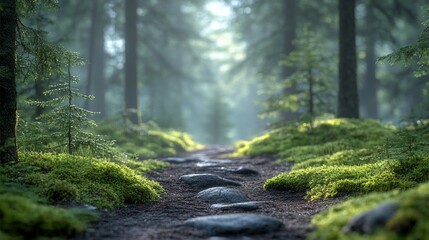 Fototapeta premium Misty Forest Path: A Serene Walk Through Nature's Embrace