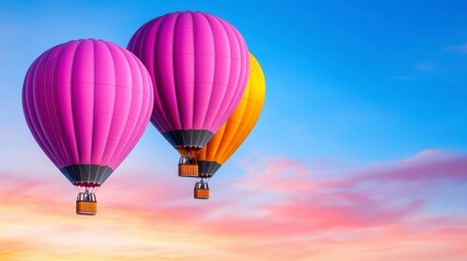 Fototapeta premium Three hot air balloons are flying in the sky, one of which is pink