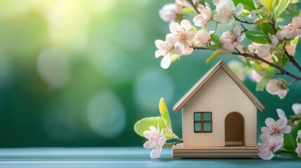 Wooden house mockup with spring flowers on green background, real estate concept. Space for text.