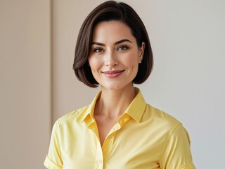 Fototapeta premium woman in a casual business shirt, yellow shirt, beautiful and smiling, clean background, portrait shot