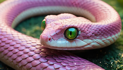 Fototapeta premium Pink Dream Serpent: A Close-Up of Shimmering Scales and Captivating Green Eyes