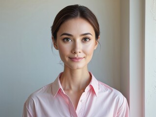 Fototapeta premium woman in a casual business shirt, pink shirt, beautiful and smiling, clean background, portrait shot