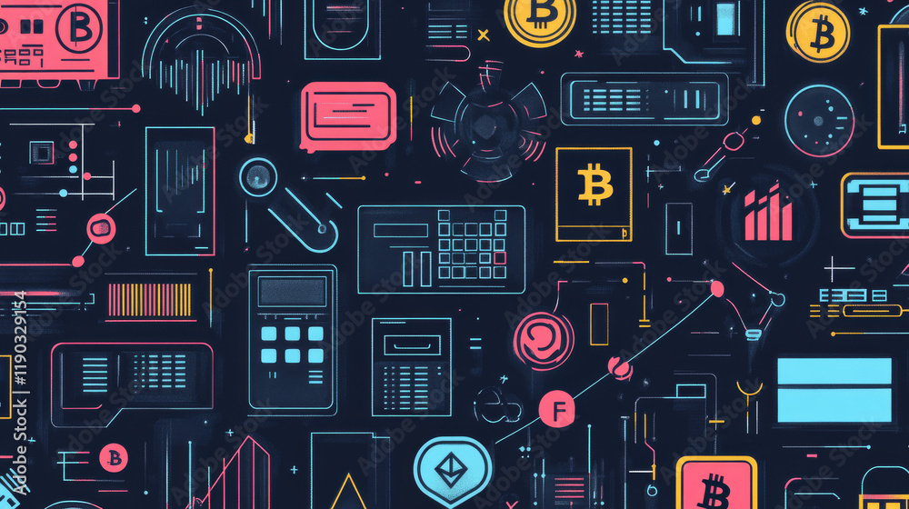 Poster cryptocurrency and bitcoin mining technology pattern background. vector seamless thin line design of